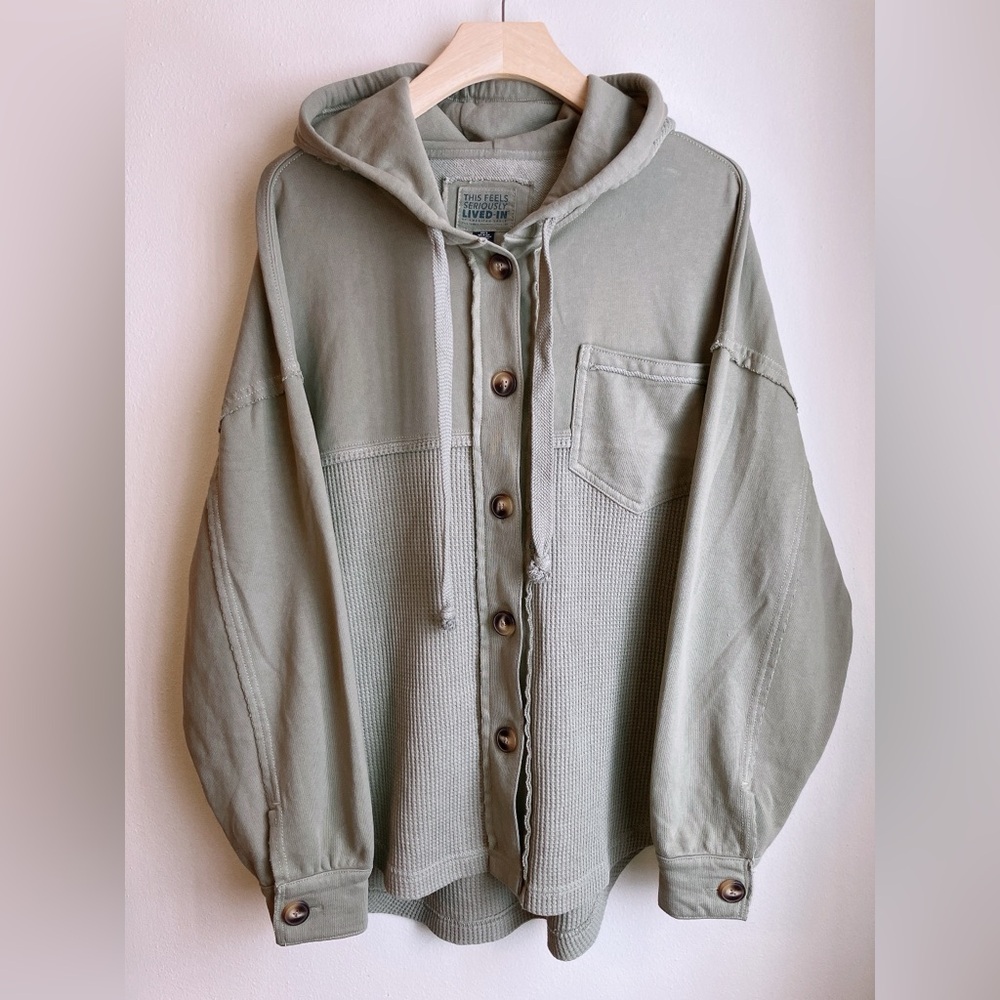 🫒American Eagle Waffle Knit Shacket Button Down Hoodie Oversized Green XS - Picture 2 of 12